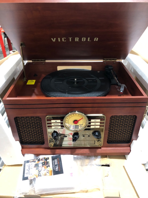 Photo 3 of Victrola Nostalgic 6-in-1 Bluetooth Record Player & Multimedia Center with Built-in Speakers - 3-Speed Turntable, CD & Cassette Player, FM Radio | Wireless Music Streaming | Mahogany Mahogany Entertainment Center