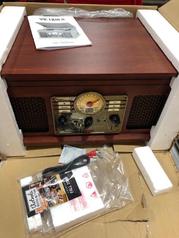 Photo 2 of Victrola Nostalgic 6-in-1 Bluetooth Record Player & Multimedia Center with Built-in Speakers - 3-Speed Turntable, CD & Cassette Player, FM Radio | Wireless Music Streaming | Mahogany Mahogany Entertainment Center