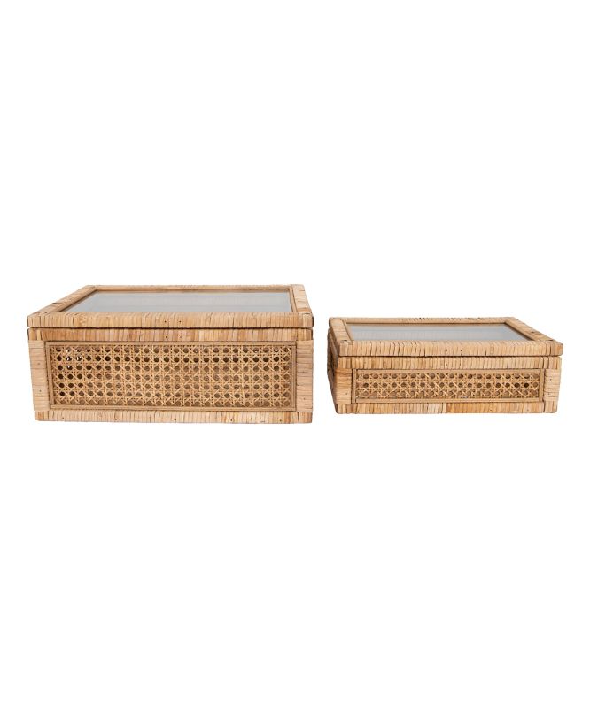 Photo 1 of 14.75" L 12.75" L Rattan Wood Display Boxes, Glass Lid, Set of 2
