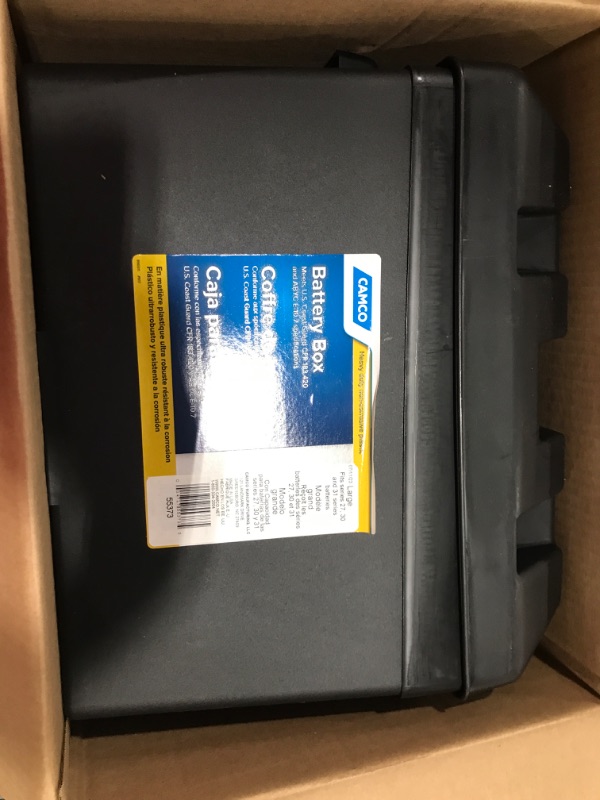 Photo 2 of Camco Large Battery Box with Straps and Hardware - Group 27, 30, 31 |Safely Stores RV, Automotive, and Marine Batteries | Measures Inside 7-1/4" x 13-1/4" x 8-5/8" | (55373) Frustration Free Packaging Large Battery Box