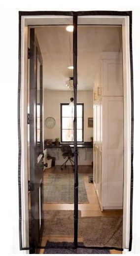 Photo 1 of 39 in. x 83 in. Black Trim Flame Resistant Fiberglass Mesh Magnetic Screen Door with Extra Wide Header and Storage bag
