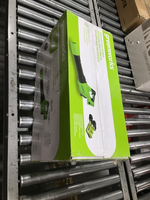 Photo 1 of Greenworks 48V (2 x 24V) Cordless Axial Blower (515 CFM / 125 MPH), (2) 2.0Ah Batteries and Dual Port Charger with Gutter Cleaning Kit 2*2Ah Battery Blower + Gutter Cleaning Kit