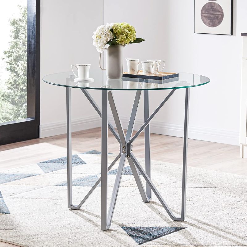 Photo 1 of 
WISOICE Dining Table, Round Glass Kitchen Dining Room Table with Tempered Glass Top and Metal Frames, Modern Circle Dinner Table for Small Spaces Living Room