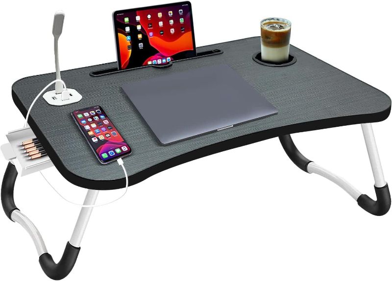 Photo 1 of Laptop Bed Desk, Foldable Laptop Bed Table Tray with USB Ports, Storage Drawer and Cup Holder,Tablet or Phone Slot, Laptop Stand for Bed Portable Lap Desk for Bed/Couch/Sofa/Floor Working, Reading