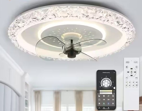 Photo 1 of 20 in Indoor Crystal White Ceiling Fan with Integrated LED Light 6-Speed Low Profile Fandelier Smart Remote App
