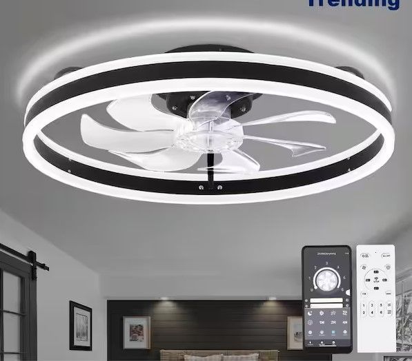 Photo 1 of 20in. LED Indoor Black Bladeless Low Profile Ceiling Fan Flush Mount Smart App Remote Control Dimmable Lighting
