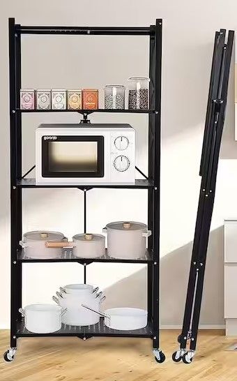 Photo 1 of  Black Metal Kitchen Shelf Foldable Storage Rack with WheelsMultifunctional Cart