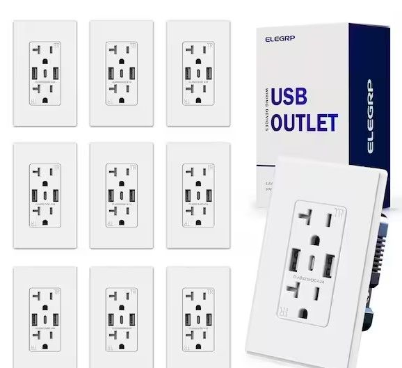 Photo 1 of 21W USB Wall Outlet w/Dual Type A and Type C USB Ports, 20 Amp Tamper Resistant Outlet, w/Wall Plate, BLK (10 Pack)
