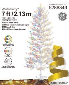 Photo 1 of 23071 - GE Winterberry® White Branch Tree, 7 ft., Color Choice® LED, 600ct 8.8mm MicroBright Lights, Multi/Warm White
