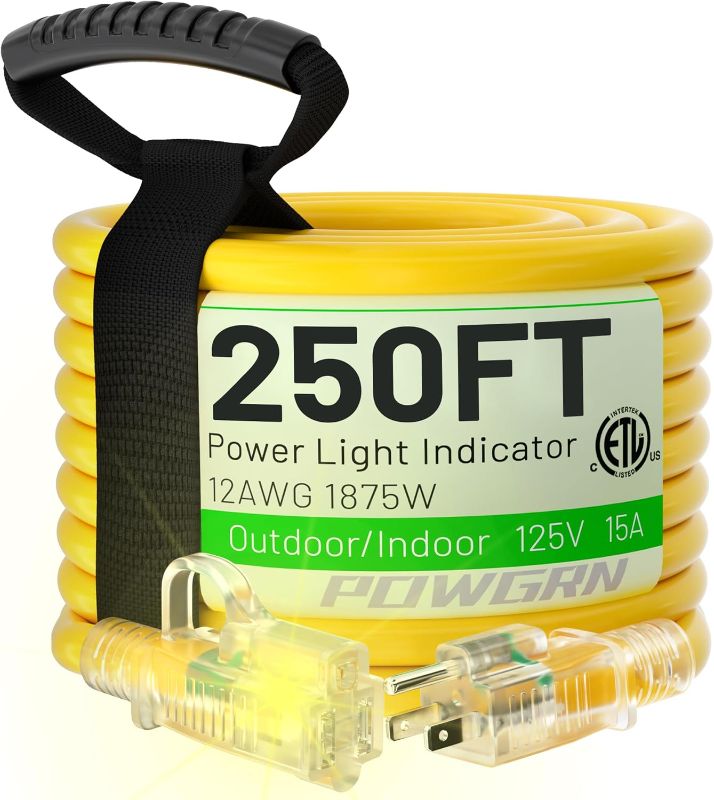 Photo 1 of 250 ft Outdoor Extension Cord Waterproof 12/3 Gauge Heavy Duty with Lighted end, Flexible Cold-Resistant 3 Prong Electric Cord Outside, 15Amp 1875W 12AWG SJTW, Yellow, ETL HUANCHAIN Yellow 250 foot