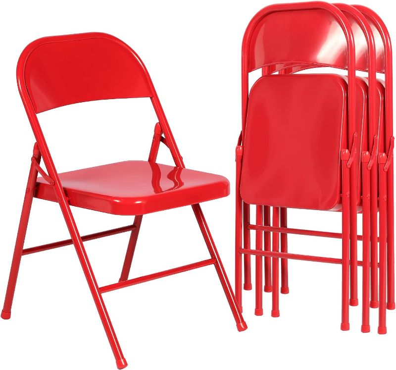 Photo 1 of -VECELO Metal Frame Steel Folding Mounted Chairs with Triple Braced & Double Hinged Back for Home Office,350-Pound Capacity,Red,4 Pack, Set of 4
