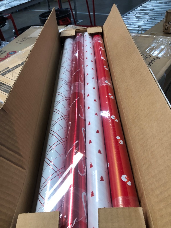 Photo 2 of American Greetings 120 sq. ft. Reversible White and Red Christmas Wrapping Paper Bundle for, Snowman, Tree, Candy Canes, Snowflakes (4 Rolls 30 in. x 12 ft.) Reversible Red and White