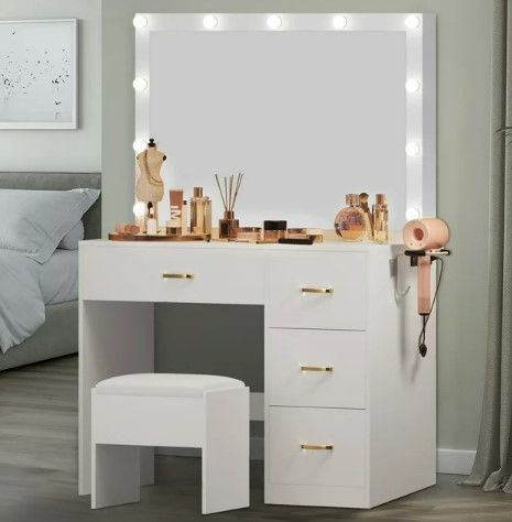 Photo 1 of (READ NOTES) Dextrus Makeup Vanity Ensemble,Generously Sized Illuminated Mirror, Vanity Featuring Electrical Outlet, 3 Versatile Lighting Modes, Customizable Brightness, and 4 Storage Drawers for Women Girls
