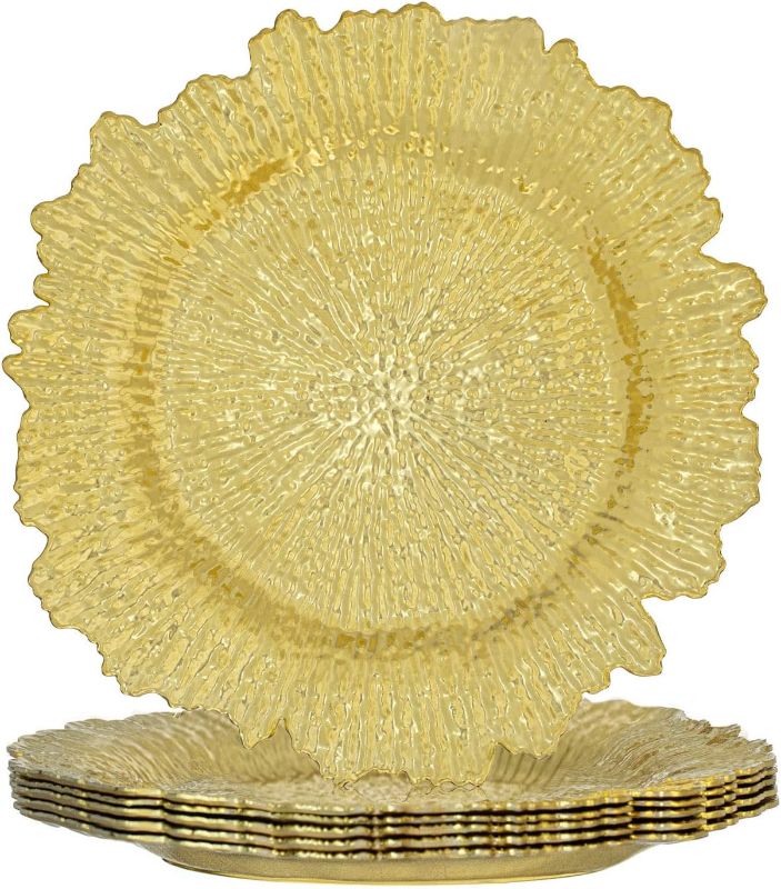 Photo 1 of 13" Gold Plastic Reef Charger Plates with Flora Reef Design Glossy Finish,- 150 pieces