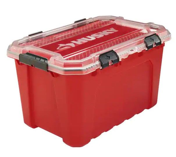 Photo 1 of 5 Pack MISSING LIDS Husky 20-Gal. Professional Duty Waterproof Storage Container with Hinged Lid in Red