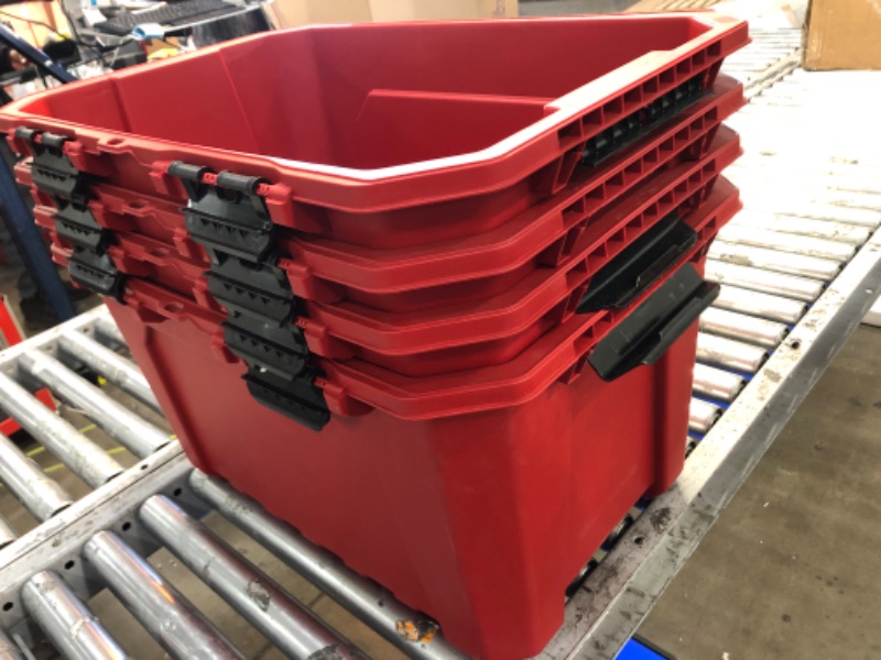 Photo 2 of 4 Pack MISSING LIDS Husky 20-Gal. Professional Duty Waterproof Storage Container with Hinged Lid in Red