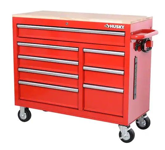 Photo 1 of 42 in. W x 18.1 in. D 8-Drawer Red Mobile Workbench Cabinet with Solid Wood Top
