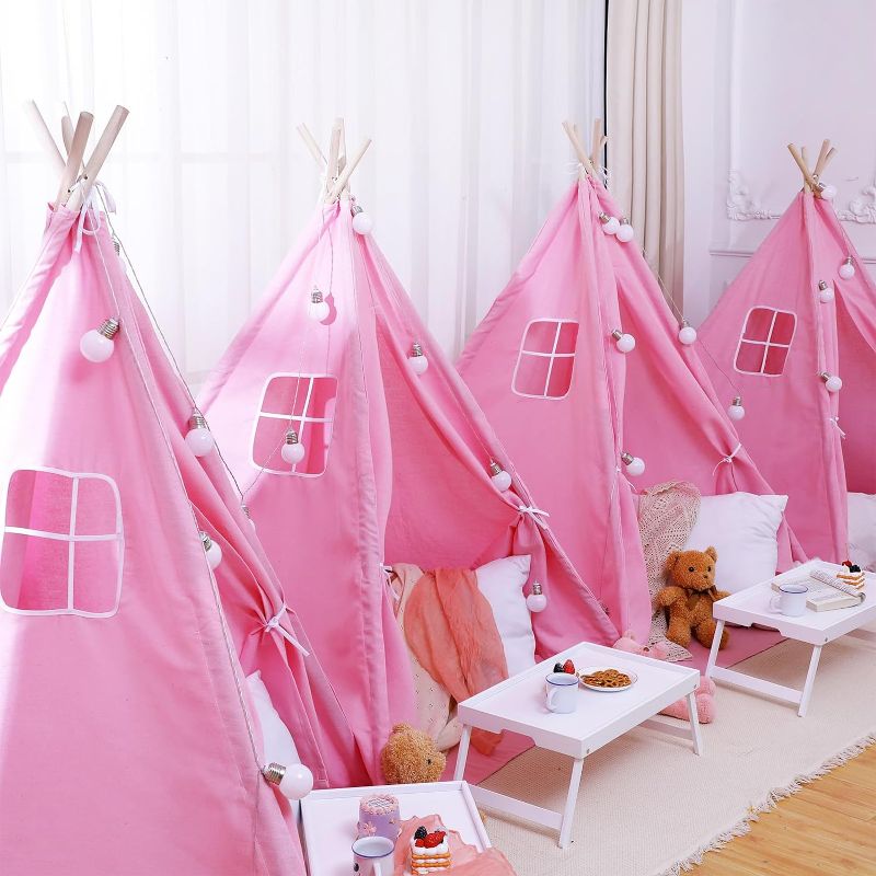 Photo 1 of (Stock Photo may Differ From Product) Windyun 4 Pack Teepee Tents for Kids, Play Tipi Tent for Children Boys Girls, Indoor Outdoor Toddler Sleepover Tents Foldable Washable Cotton Canvas Playhouse for Slumber Party (Pink And White,63 Inch)