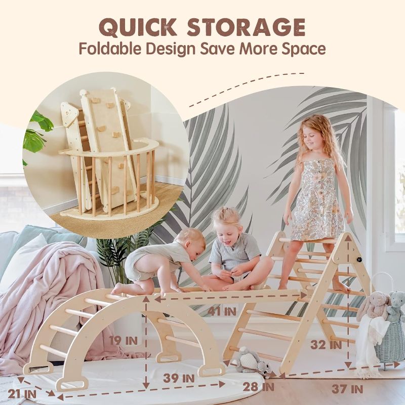 Photo 5 of (READ FULL POST) Tiny Land 5-in-1 Toddler Climbing Toys, Foldable Pikler Triangle Set Safe Sturdy Montessori Climbing Set with Triangle Climber, Arch Ramp, Rock Climber, Slide, Rocker, Wooden Toys for Toddlers 2-6yrs