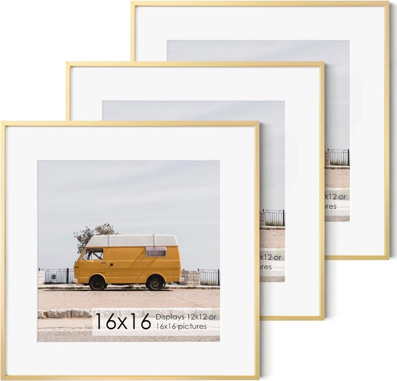 Photo 1 of 16x16 Metal Picture Frame with 12x12 Mat, Brushed Aluminum Finish, Tempered Glass Front, and Attached Hanging Hardware - Wall Display Frames for Vertical or Horizontal Set of 3 - Gold