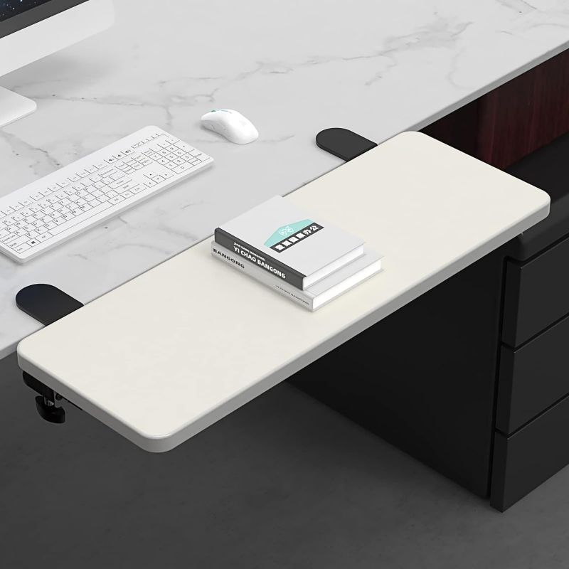 Photo 1 of BONTEC Ergonomics Desk Extender Tray, 27.2x9.5 Inch Table Mount Arm Rest Shelf, 90° Foldable Keyboard Tray Platform, Clamp on Computer Arm Rest for Desk, Suitable for Office Desks, White White 27"*9.5"(69cm*24cm)