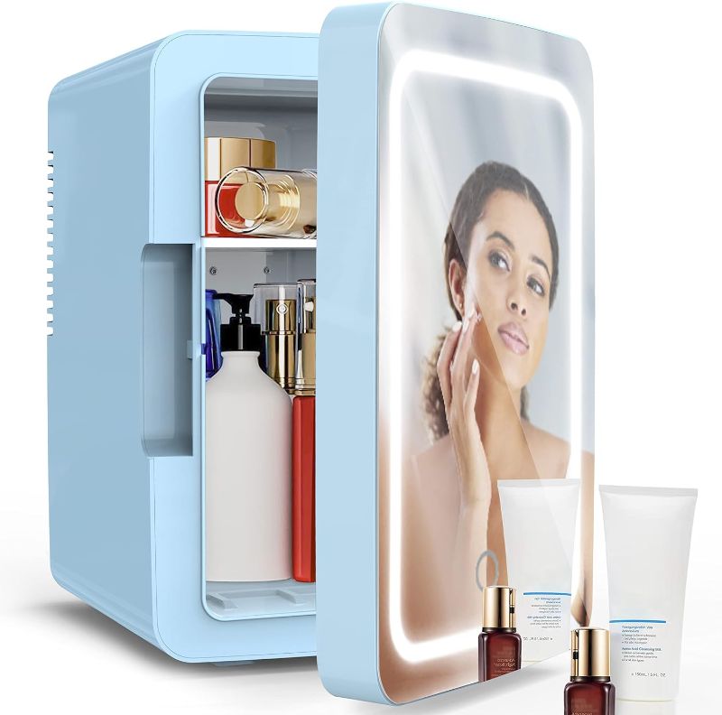 Photo 1 of PERSONAL CHILLER 6.2L Cooler and Warmer Mini Fridge with LED Lighted Mirror, Portable Mini Fridge for Skincare, Makeup, Beauty Products – Bedroom Vanity with Lighted Glass (Blue)
