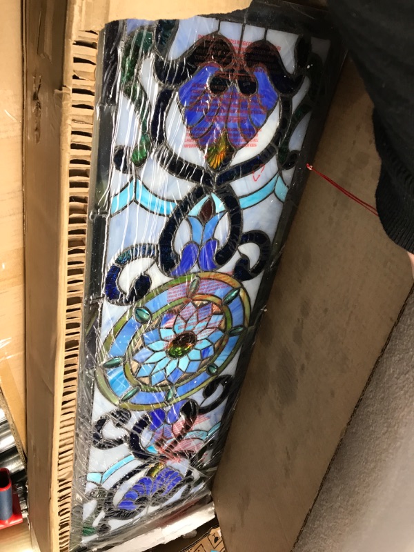 Photo 1 of Yogoart Extra Large Horizontal 35 Inch Blue Victorian Stained Glass Window Panels Hanging Transom Window 12 Inch Wide