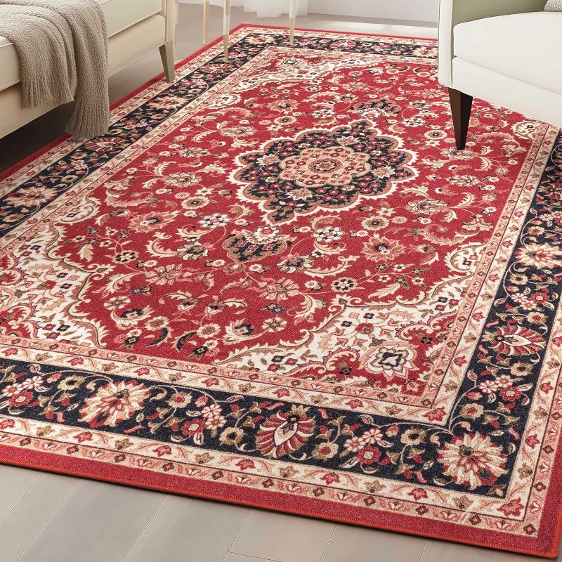 Photo 1 of   Well Woven Kings Court Gene Red - Non-Slip Rubber Backed Oriental Medallion 5x7 Area Rug - for Living Room & Dining Room - Kid & Pet Friendly, Easy-to-Clean, Machine-Washable, Low Looped Pile