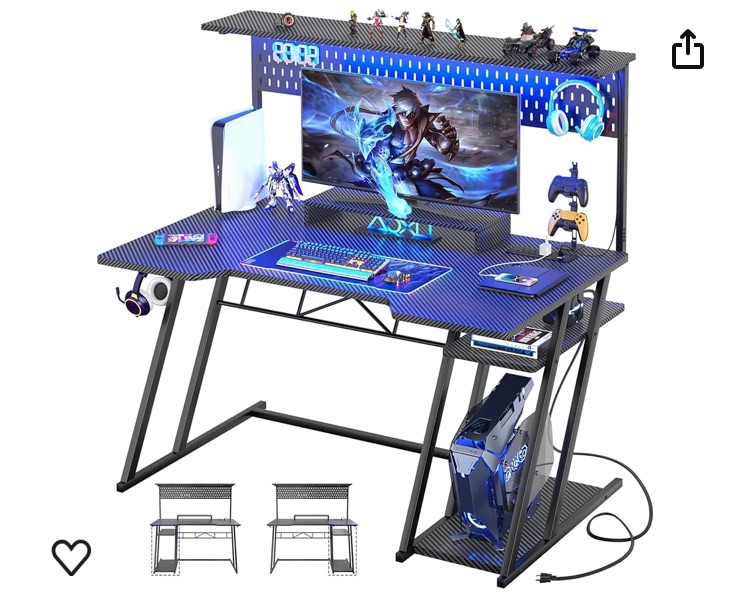 Photo 1 of Gaming Computer Desk with Storage Shelves & Z-Shaped Legs, Black Gaming Desk with Hutch and LED Lights, Reversible PC Gaming Desk with Pegboard for Bedroom & Small Spaces, Carbon Fiber Surface, 47''