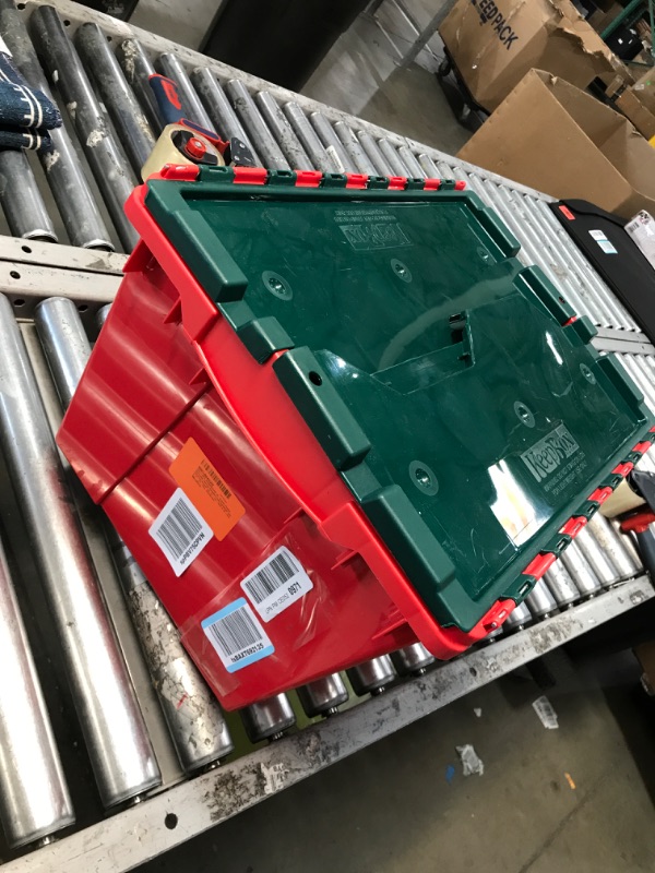 Photo 1 of Akro-Mils 66486RDGRN 12-Gallon Plastic Stackable Storage KeepBox Tote Container with Attached Hinged Lid, 21-1/2-Inch x 15-Inch x 12-1/2-Inch, Red/Green