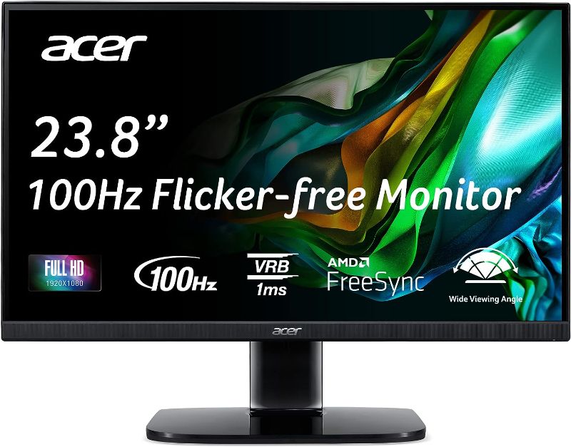 Photo 1 of Acer KC242Y Hbi 23.8" Full HD (1920 x 1080) Zero-Frame Gaming Office Monitor | AMD FreeSync Technology | 100Hz | 1ms (VRB) | Low Blue Light | Tilt | HDMI & VGA Ports,Black
