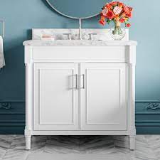 Photo 1 of SCRATCHED/DENTED FRONT allen + roth Perrella 37-in White Undermount Single Sink Bathroom Vanity with Carrara Natural Marble Top
