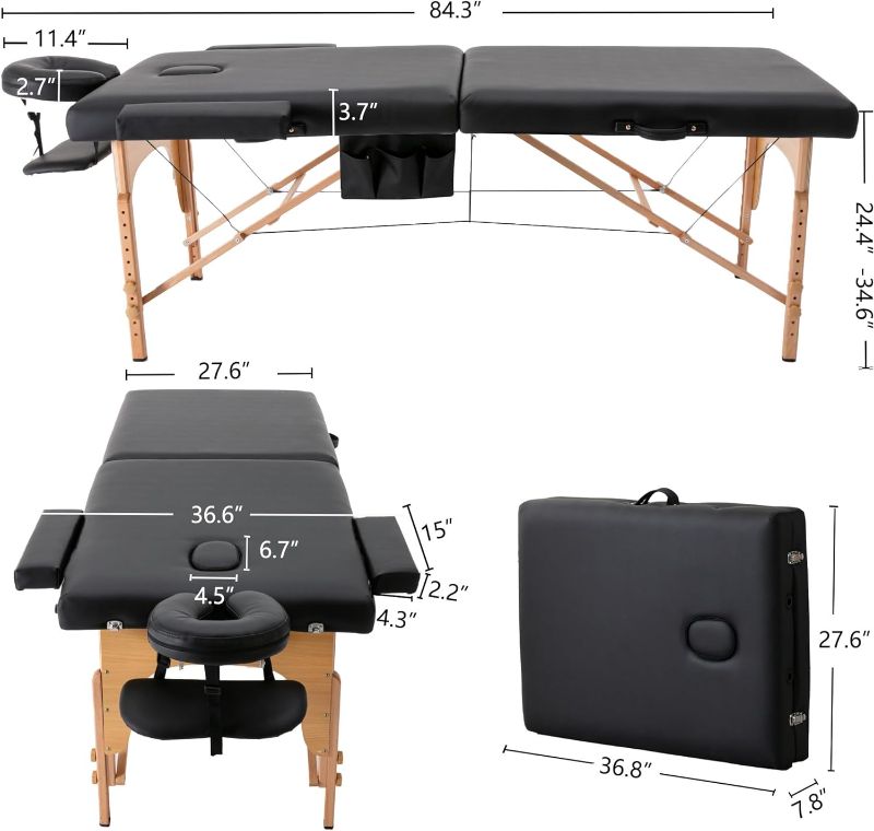 Photo 4 of (READ FULL POST) KCC Memory Foam Massage Table Premium Portable Foldable Massage Bed Height Adjustable, 84 Inches Long 28 Inchs Wide Home Salon Spa Bed Tattoo Table with Accessories &Carrying Case, Easy Set Up Wooden Leg(28'' Wide) Black