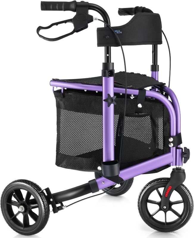 Photo 1 of 3 Wheel Rollator Walker with Seat for Slim Seniors, Padded Backrest Lightweight Foldable Walker Ideal for Elderly, 8 Inch Tri-Wheel Modern Mobility Walking Aid Aluminum, Purple
