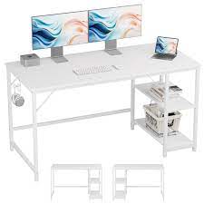 Photo 1 of JOISCOPE Home Office Computer Desk,Small Study Writing Desk with Wooden Storage Shelf,2-Tier Industrial Morden Laptop Table with Splice Board,55 inches(White Finish)
