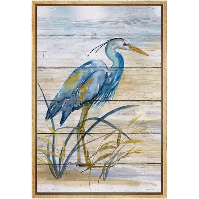 Photo 1 of 30 x 23 "  wall26 Framed Canvas Print Wall Art Retro Wood Panel Blue Beach Crane Bird Nature Wilderness Illustrations Modern Art