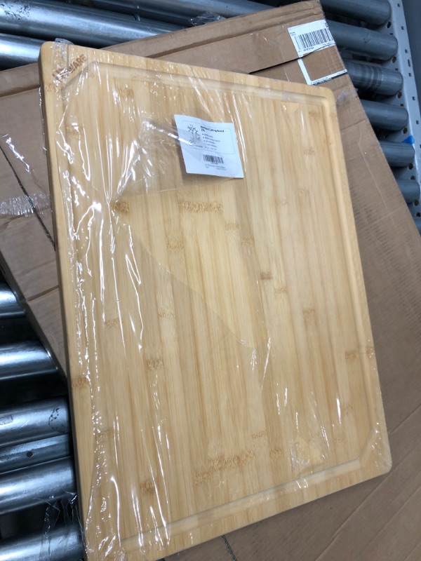 Photo 2 of 24 x 18 Extra Large Bamboo Serving Boards for Kitchen, Heavy Duty Wood Butcher Block Chopping Board with Handle and Juice Groove for Meat, Large Charcuterie Board, Over the Sink Cutting Board 24" X 18"