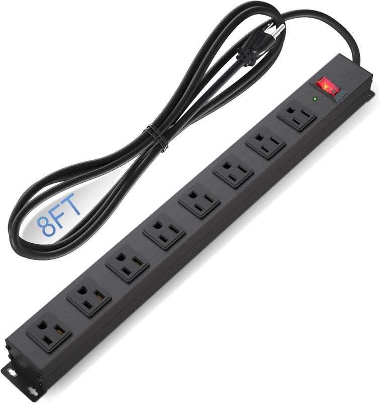 Photo 1 of 8 Outlet Power Strip Surge Protector, 8 Feet Metal Power Strip Heavy Duty with Switch for Home Office School Shop Garage, Wall Mount with Screw, 2100J 15A 125V 1875W, 14AWG, SGS Listed, Black
