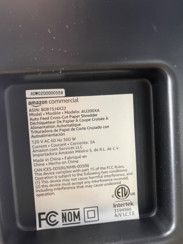 Photo 1 of Amazon Commercial 200-Sheet Auto Feed Cross-Cut Paper Shredder with Pullout Basket 200 Sheet New 200-Sheet Cross-Cut Auto Feed`