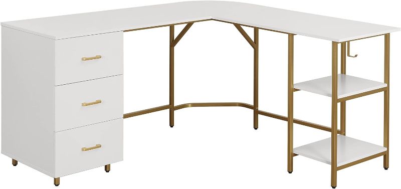 Photo 1 of Techni Mobili L Shaped Desk - Two-Toned Computer Desk with Drawers & Storage Shelves - Simple Modern Furniture & Home Office Space Corner Table for Work & Writing
