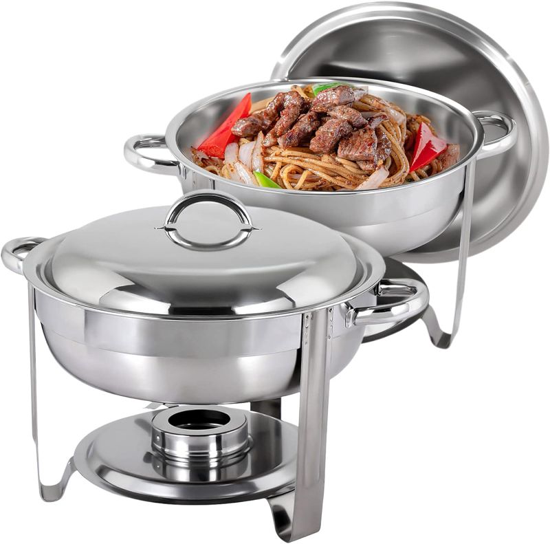 Photo 1 of 2 Set 3.5L Full Size Stainless Steel Chafing Dish Round Chafer Buffet Catering Warmer Set W/Food and Water Pan, Lid, Solid Stand and Fuel Holder …