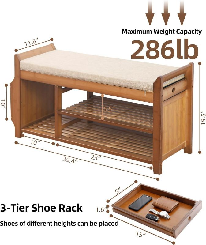 Photo 3 of (READ NOTES) PETKABOO 2 Tier Shoe Bench, Shoe Rack with Hidden Drawer and Side Holder, Shoe Storage Bench Organizer for Entryway Hallway Living Room, Bamboo Material Brown 39.4 inch