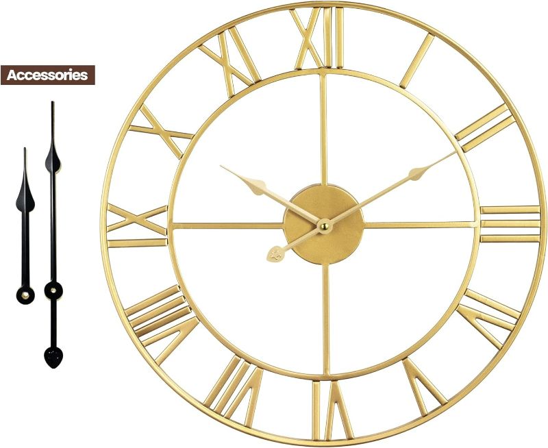 Photo 3 of 1st owned Large Wall Clock Metal Retro Roman Numeral Clock, Modern Round Wall Clocks Almost Silent , Easy to Read for Living Room/Home/Kitchen/Bedroom/Office/School Decor (Gold, 24 Inch) Gold 24 Inch