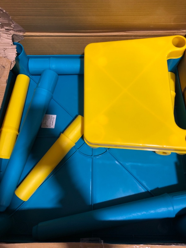 Photo 2 of * used * incomplete * sold for parts * 
Humble Crew, Aqua Table & Green/Yellow Kids Lightweight Plastic Table and 2 Chairs Set, Square, Toddler Aqua Table & Green/Yellow Chairs