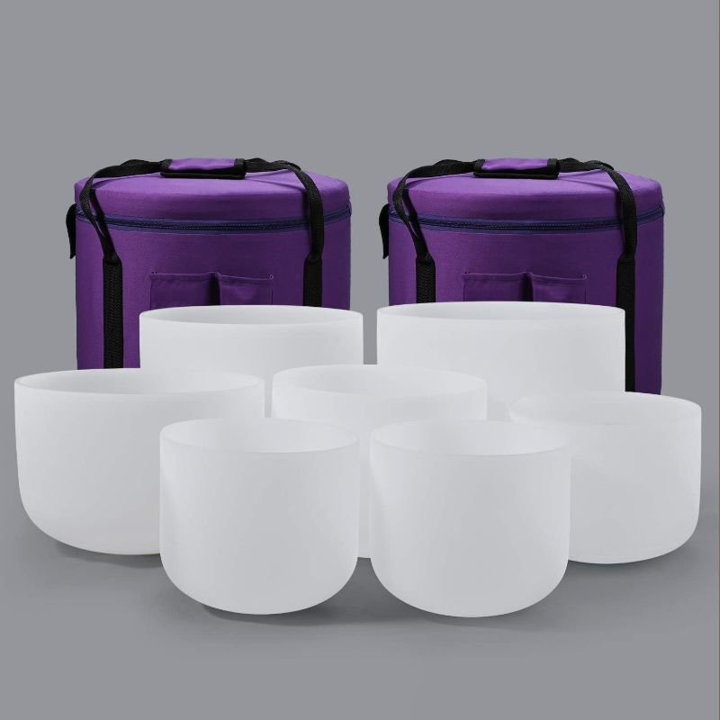 Photo 1 of 432HZ 7-12 Inch Set Of 7 Pcs Frosted Quartz Crystal Singing Bowls With 2 Pcs Carrying Case bag Sound Healing
