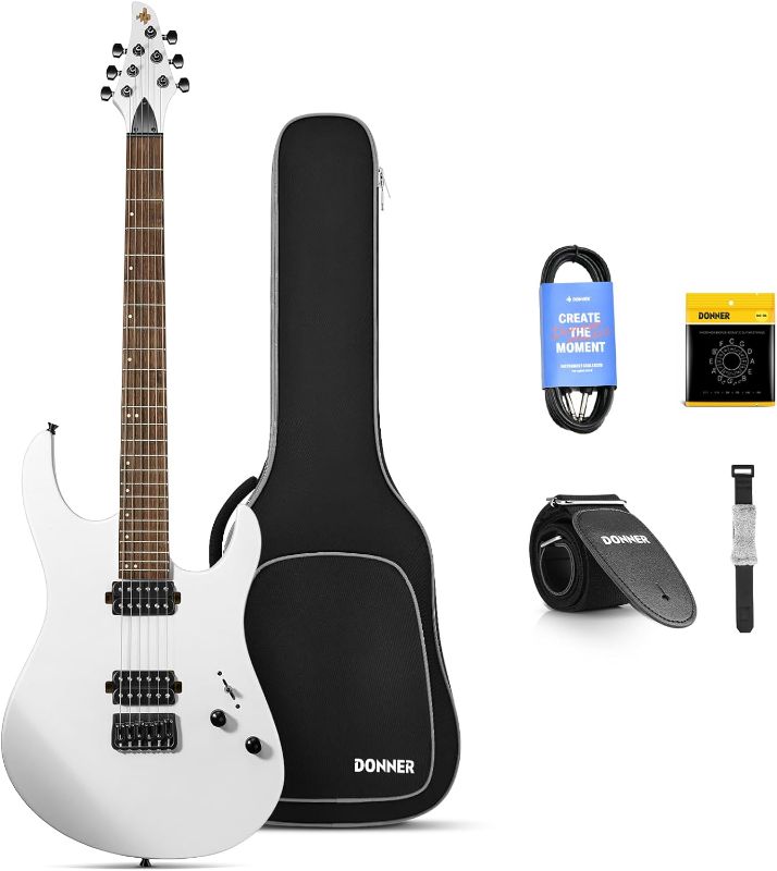 Photo 1 of Donner Solid Body Electric Guitar, Matte Finish 39 Inch Metal Electric Guitar Beginner Kits with Bag, Strings, Strap, Cable, Strings Dampener for Rock Music Lover, DMT-100 (Matte White)
