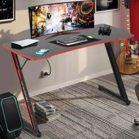 Photo 1 of 47 inch Z-Shaped Gaming Desk Computer Desk, Ergonomic Writing Office Desk Racing Style PC Gaming Table Workstation with Headphone Hook for Game Players, Red
