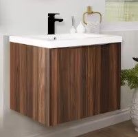 Photo 1 of 24 in. W Modern Style Float Mounting Bathroom Cabinet with White Sink and Top in Brown
