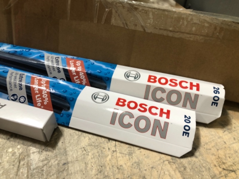 Photo 2 of Bosch ICON Wiper Blades 26OE20OE (Set of 2) Fits Audi: 18-11 A8 Quattro, BMW: 19-11 X3, Ford: 19-10 Taurus, Toyota: 12-05 Avalon +More, Up to 40% Longer Life, Frustration Free Packaging