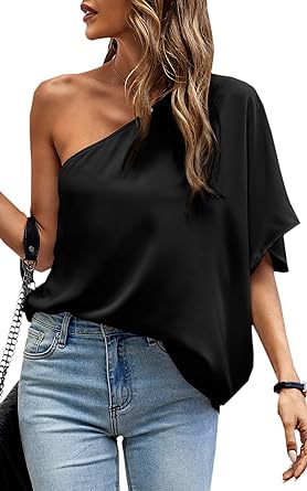 Photo 1 of Angashion Women's Summer Tops Casual One Shoulder Short Sleeves Blouses Sleeveless Tie Knot Asymmetrical Hem Tee Shirt